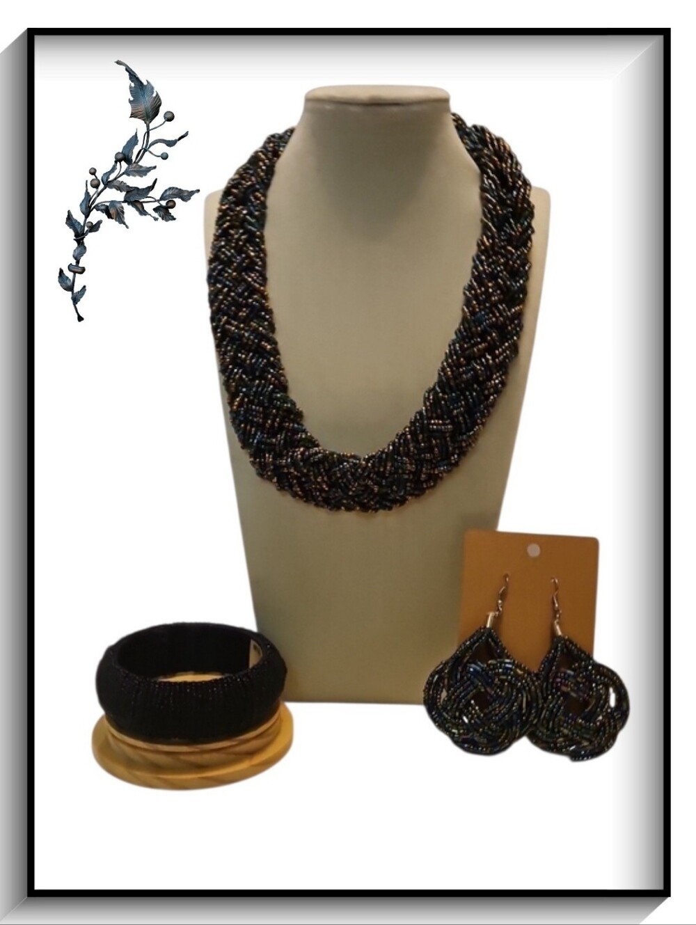 Multicolor Iridescent Black Braided Seed Bead Jewelry Set